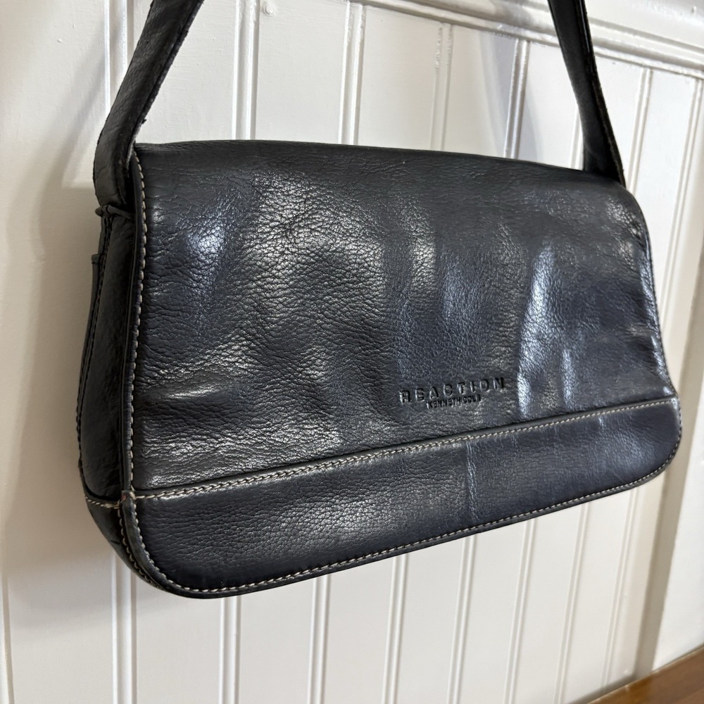 Vtg Reaction Kenneth Cole Black Leather Purse Shoulder 90s Foldover Buttery Soft